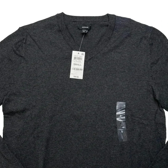 Alfani Solid Table Cotton Blend Dark Grey V-Neck Classic Fit Mens Sweater - Picture 3 of 10